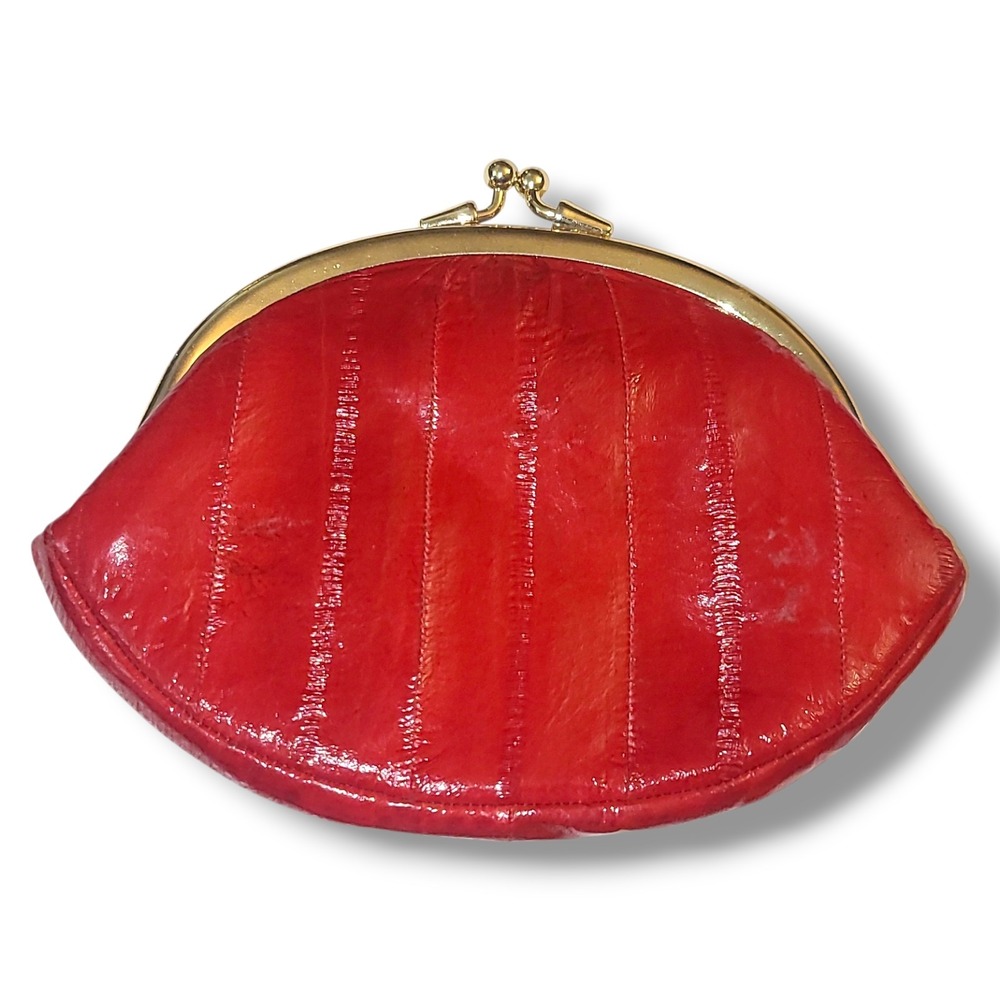 Vintage Lee Sands Red Eel Skin Coin Purse Kiss Lock Clutch USA